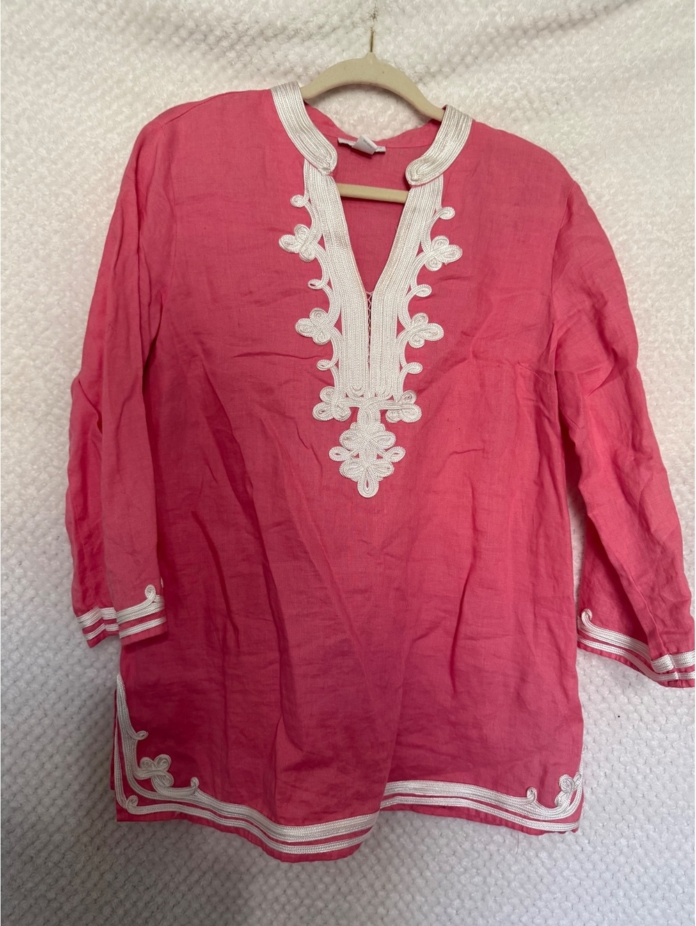 Charter Club Pink Linen Tunic with White Embroidery, Size Large